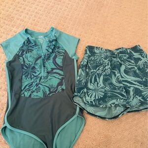 Athleta Teal Floral swim one piece with matching shorts